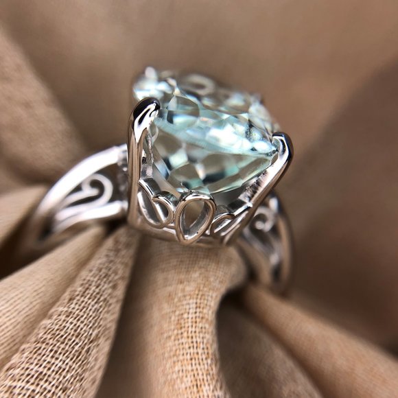 Vintage Style Emerald Ring, Floral Filigree Ring, Simulated  14kt White Gold 6.3ct Aquamarine Filigree Ring